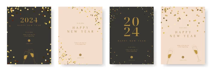 Fotobehang Happy New Year, Merry Christmas poster set. Gold confetti tinsel greeting card, Winter holiday invite, Brochure voucher template. Elegance festive. Minimal simple style. Flat vector illustration. © DDDART