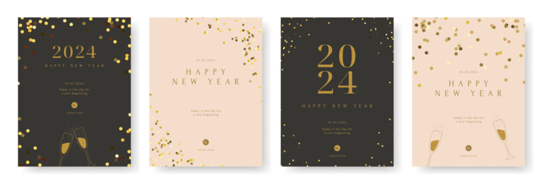 Happy New Year, Merry Christmas poster set. Gold confetti tinsel greeting card, Winter holiday invite, Brochure voucher template. Elegance festive. Minimal simple style. Flat vector illustration.