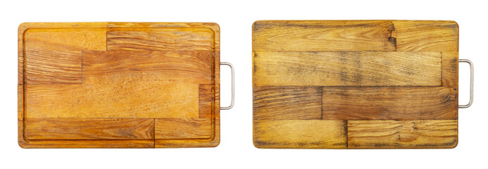 Old rectangular wooden cutting board, isolated on white background, top view. File contains clipping path.