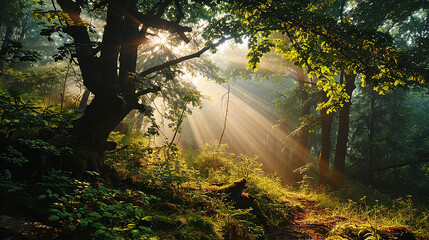 bellissimo panorama di foresta con raggi di sole che spuntano nell'oscurità della foresta , formato banner,