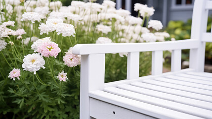 Cropped Close-up of empty white garden bench in garden in summer surrounded by blooming plants, greenery and flowers. Exterior of garden plot, background for furniture store.