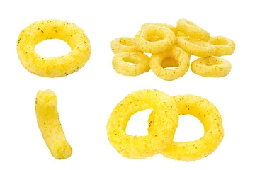 Foto op Aluminium Crispy corn snack in the form of a ring, set. Traditional snack for beer. Isolated on white background. © alexshyripa