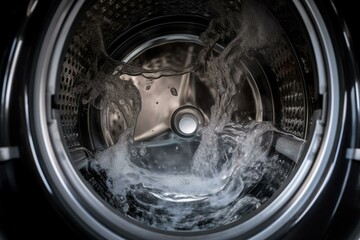 Closeup of water-filled drum in a modern front-loading washing machine. Generative AI