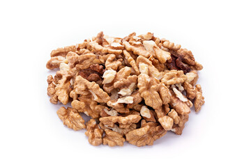 Pile of peeled walnuts, closeup on white background.
