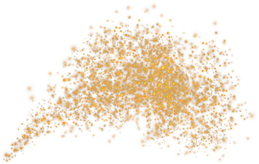 Golden scattering of small particles of sugar crystals, flying salt, top view of baking flour. Golden powder, powdered sugar explosion isolated on transparent background. PNG.