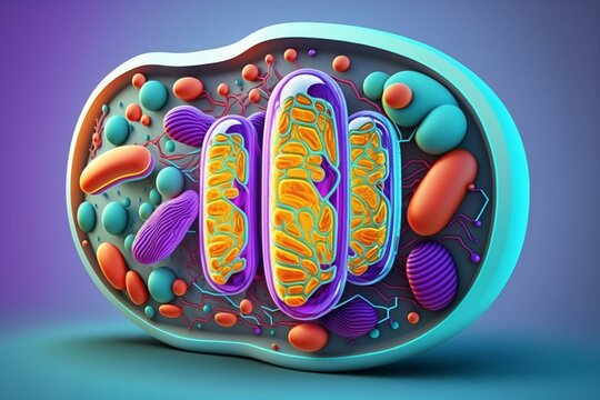 3D illustration of cellular mitochondria on colorful backdrop. Generative AI