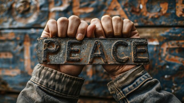 A person holding a rusty metal sign that says peace in front of an old building, AI