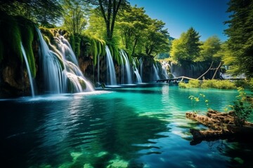 Stunning waterfalls at Plitvice Lakes in Croatia on a sunny day with clear water and lush surroundings. Generative AI