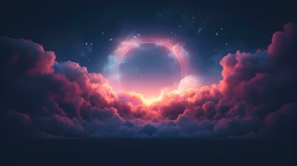 Obraz premium Futuristic neon circle in the clouds. 3d rendering.