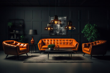 Contemporary Living Room with Striking Orange Leather Furniture and Classic Dark Wall. created with Generative AI