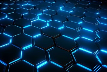 Blue glowing hexagons honeycomb background. 3d rendering concept technology