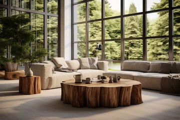 Minimalist Modern Living Room with Edge Tree Stump Coffee Table, Spacious Couch, and Stylish Home Interior Design. created with Generative AI
