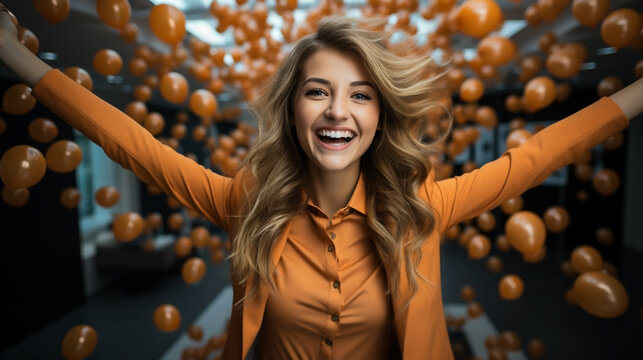 A happy mood laughing cheerful women in a party, taking a selfie photo in a celebrity party event with lot of orange color balloons around 