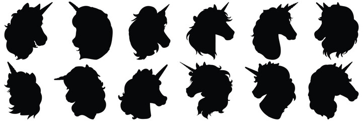 Unicorn silhouettes set, large pack of vector silhouette design, isolated white background - obrazy, fototapety, plakaty