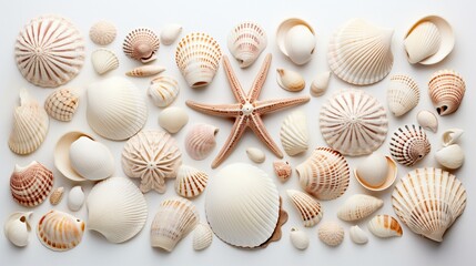 Fototapeta na wymiar Smooth seashells arranged to highlight their intricate textures against a pristine white backdrop,[white background different textures]