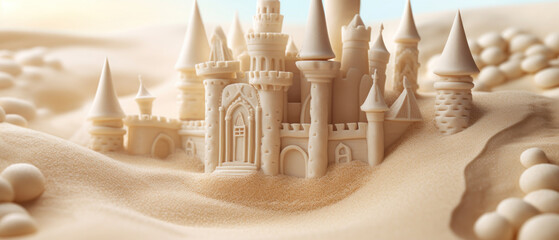 Intricate sandcastle on a sunny beach, resembling a mystical stronghold.