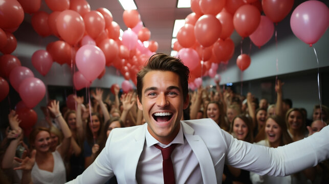 A happy mood laughing cheerful man of an office team in front of their team, taking a selfie photo in a celebrity party event with lot of balloons around