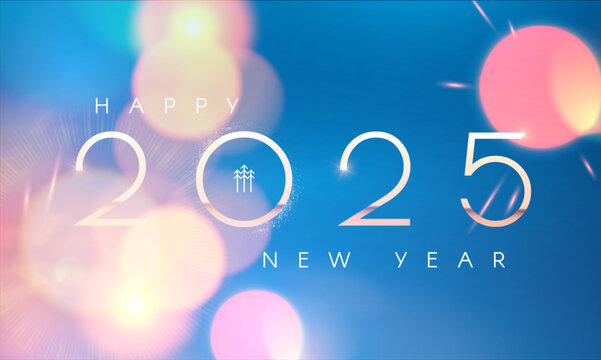 Happy New 2025 Year shining design template with bokeh light effect. Christmas background with fireworks.