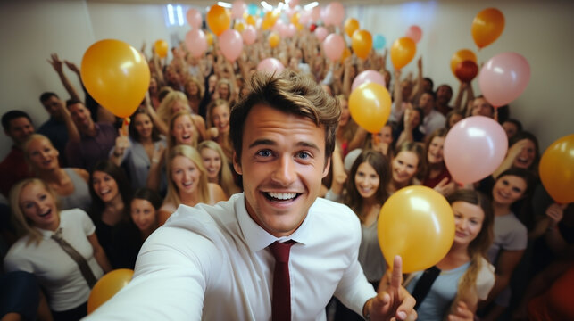 An office cheerful young handsome man smiling and taking a selfie with their office team in a party event with their friends holding colorful balloons in their hands. 