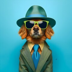 Dog with black sunglasses and wearing green hat with blue background and tie coat