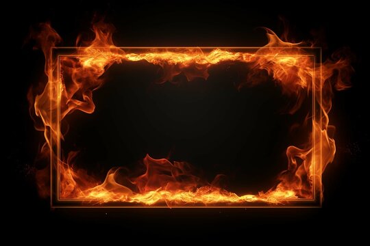 Rectangular frame made of burning flames fire in the shape of a rectangle, isolated on black background::
