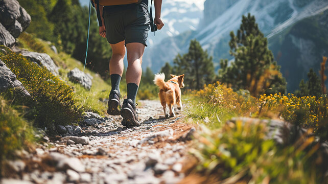 Feet of a man walking on a mountain with him dog. Relaxing during the holidays by hiking. Ai generate