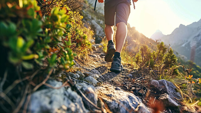 Man's feet strolling up a mountain. Get past a number of challenges to arrive at your destination. the idea of making progress in order to get over certain barriers to achievement. AI generate