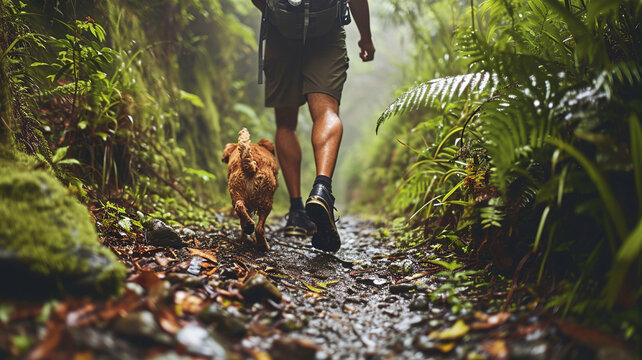 Feet of a man walking in rain forest with him dog. Relaxing during the holidays by hiking. Ai generate