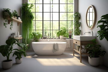 Serenely Green Bright and White Bathroom with a Deep Forest-Style Abundance of Lush Green Plants. created with Generative AI