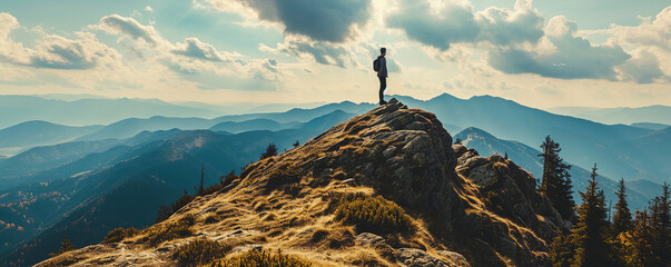 A man standing on the highest peak of a mountain, Images that convey success and determination,...