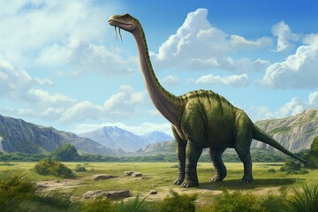 Alamosaurus standing on plains and mountains from a side view. Generative AI