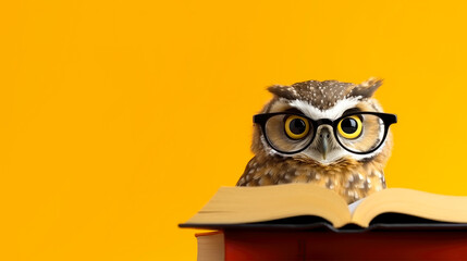 An owl with glasses reads a book on an orange background, copyspace, space for text