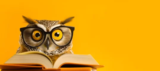 Rolgordijnen An owl with glasses reads a book on an orange background, copyspace, space for text © Daria17
