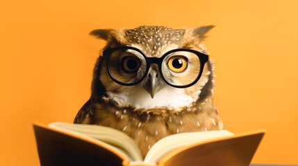 An owl with glasses reads a book on an orange background, copyspace, space for text