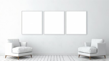 white room with different size empty frames on the wall, mock up, copy space, 16:9