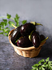 Assortment raw organic of purple vegetables mini eggplants, spring onion, beetroot, radicchio salad, plums, kohlrabi, flower salt over dark metal background. Top view with space. Food frame