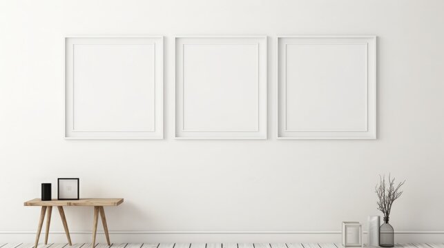 white room with different size empty frames on the wall, mock up, copy space, 16:9