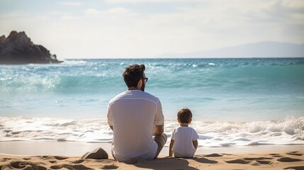 Fototapeta premium father and son wearing white t-shirt sitting on shore of sea or ocean, mock up, copy space, 16:9