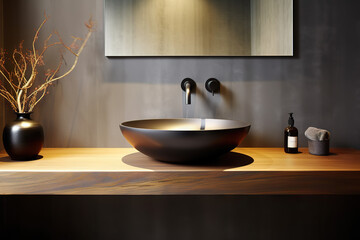 Modern Elegance Stylish Black Vessel Sink and Faucet on Wall-Mounted Wooden Countertop in a Minimalist Masterpiece of Bathroom Design. created with Generative AI