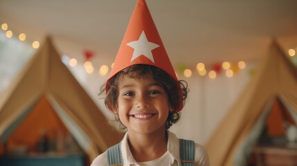 Smiling boy in a red cap celebrates his birthday