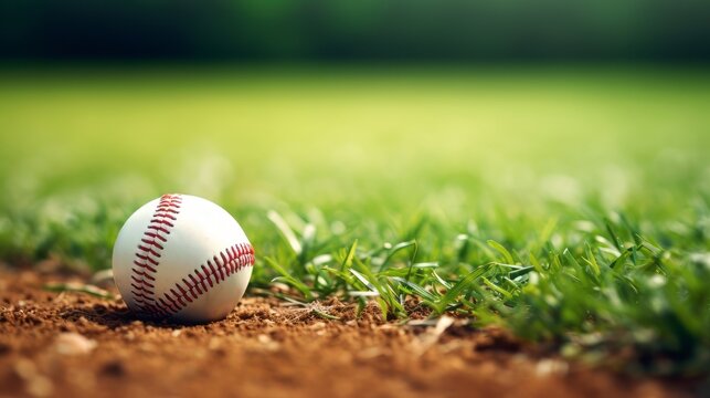 Baseball ball on green grass field with sunlight background and copy space, Soft focus background suitable for sports-related projects and designs.

