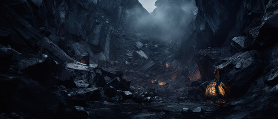 Eerie cave with flickering flame, highlighting coal formations.