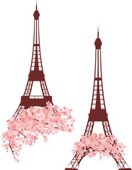 spring Paris vector design set - eiffel tower silhouette among sakura flower branches decor