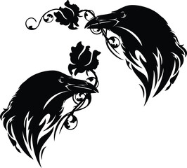 raven bird profile head with rose flower in beak - mystical animal black and white vector design set