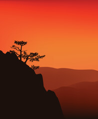 traditional asian mountain landscape with pine tree silhouette on rock cliff - dramatic sunset scene vector copy space background