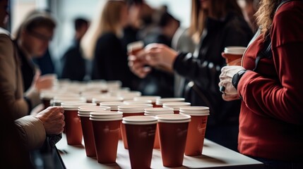 People at a cultural event participating in coffee tasting with disposable cups - obrazy, fototapety, plakaty