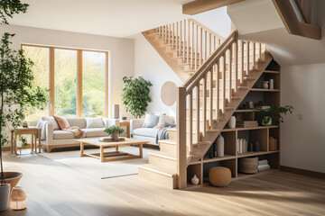 Rustic Elegance Farmhouse Living Room with Wooden Staircase and Modern Interior Design. created with Generative AI