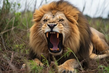 Fototapeta premium Ferocious Majesty: A Lion's Roar in the Wild