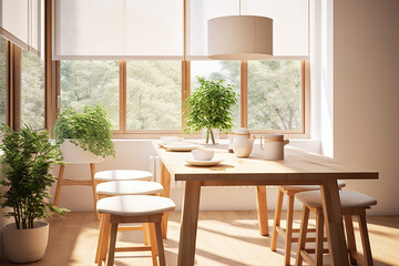 Obraz premium Natural Simplicity Wooden Stools in a Serene Dining Setting of a Modern Scandinavian Home. created with Generative AI