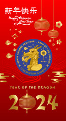 Happy chinese new year 2024 the dragon zodiac sign with flower,lantern,asian elements gold on color background. ( Translation : happy new year 2024 year of the dragon )